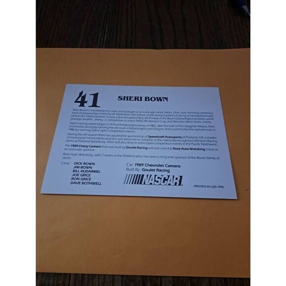 Vintage 1990 NASCAR Sheri Bown Driver Card #41 Speedcraft Auto Max 5x7 Camaro - Picture 2 of 2